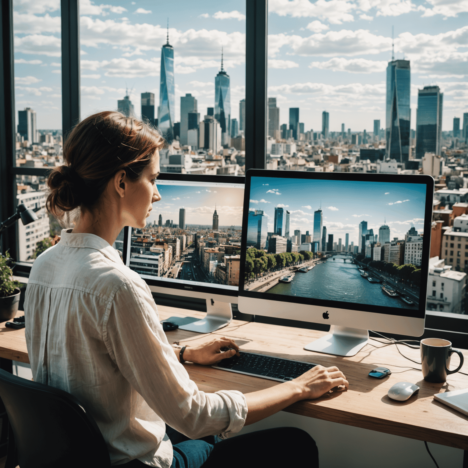 Freelancer argentino trabajando en su portafolio en línea, mostrando una pantalla de computadora con diseños web y el skyline de Buenos Aires en el fondo