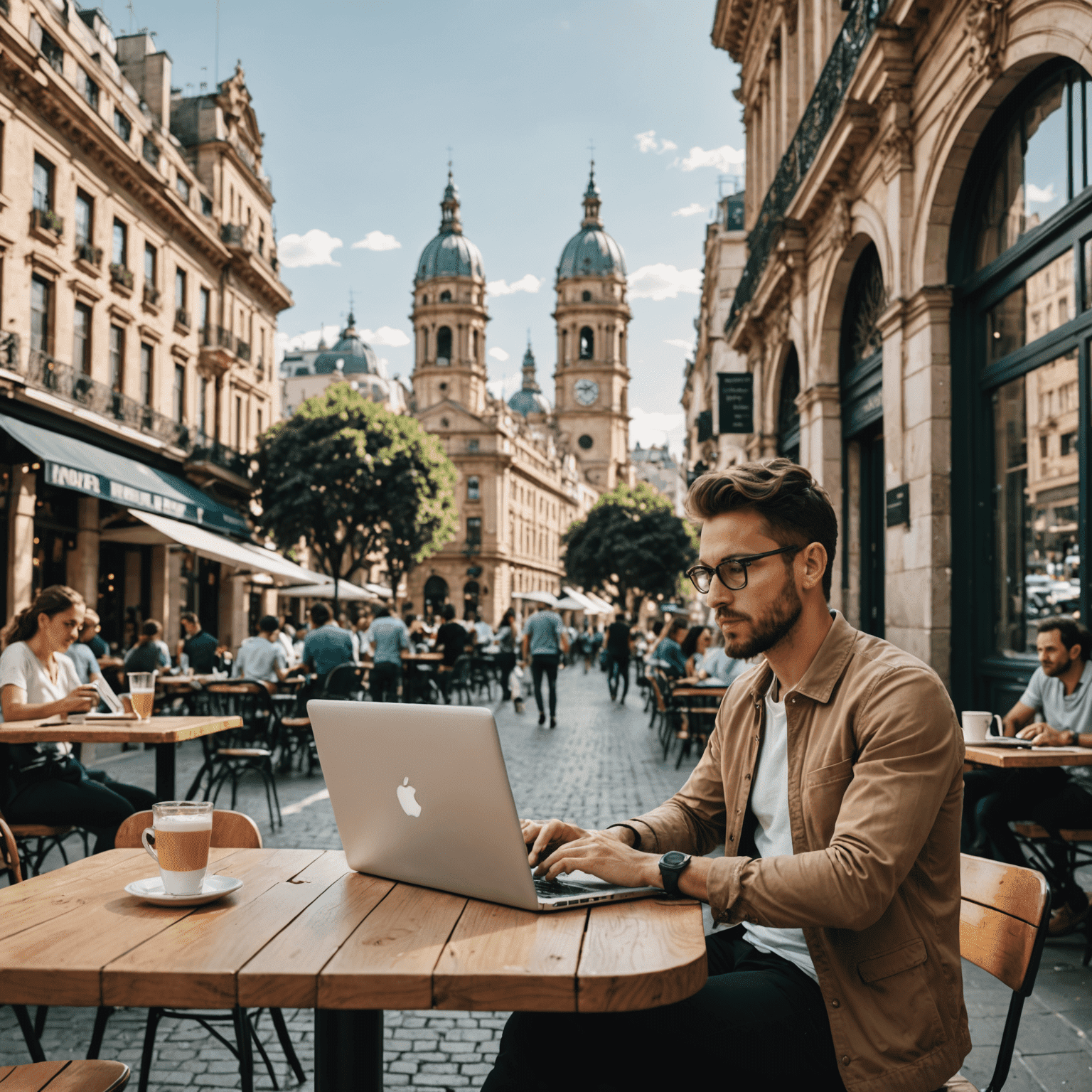 Freelancer en Buenos Aires trabajando en su computadora portátil en un café al aire libre, con la icónica arquitectura de la ciudad en el fondo