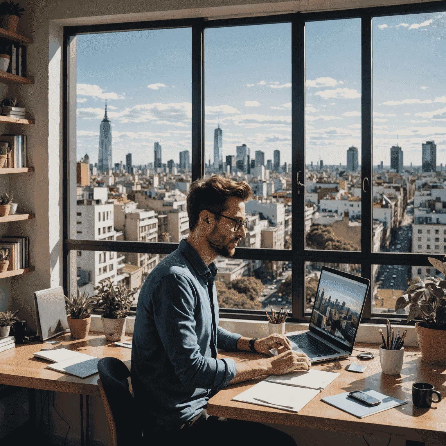 Diseñador web argentino trabajando remotamente desde su casa, con una vista de Buenos Aires en el fondo