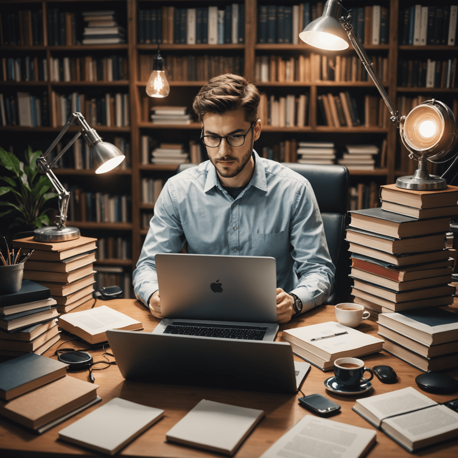 Profesional de TI estudiando en su computadora, rodeado de libros y dispositivos tecnológicos, simbolizando la educación continua en el campo de la tecnología