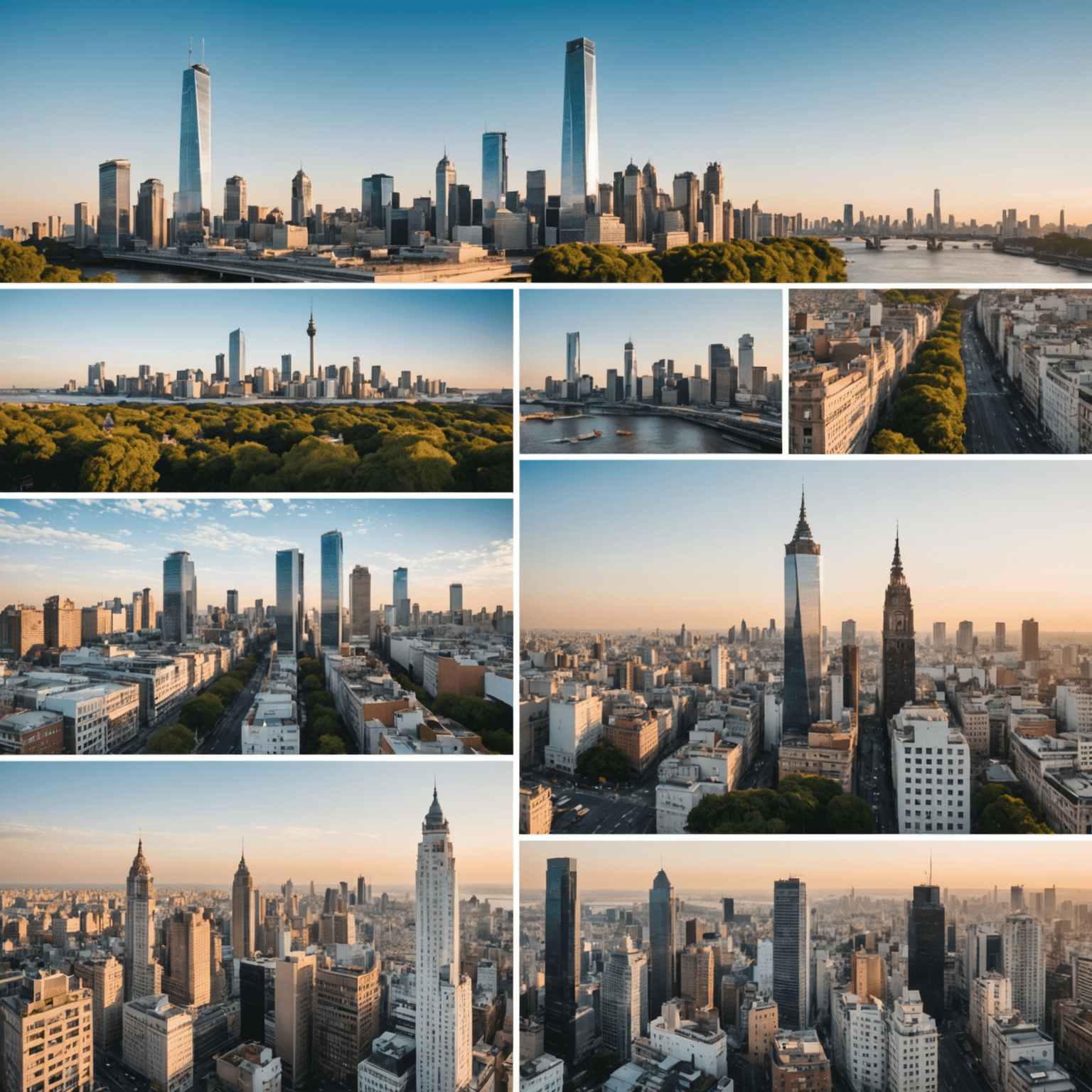 Collage de diferentes secciones de un portafolio en línea, mostrando proyectos de diseño web, testimonios de clientes y una sección de contacto con el skyline de Buenos Aires de fondo