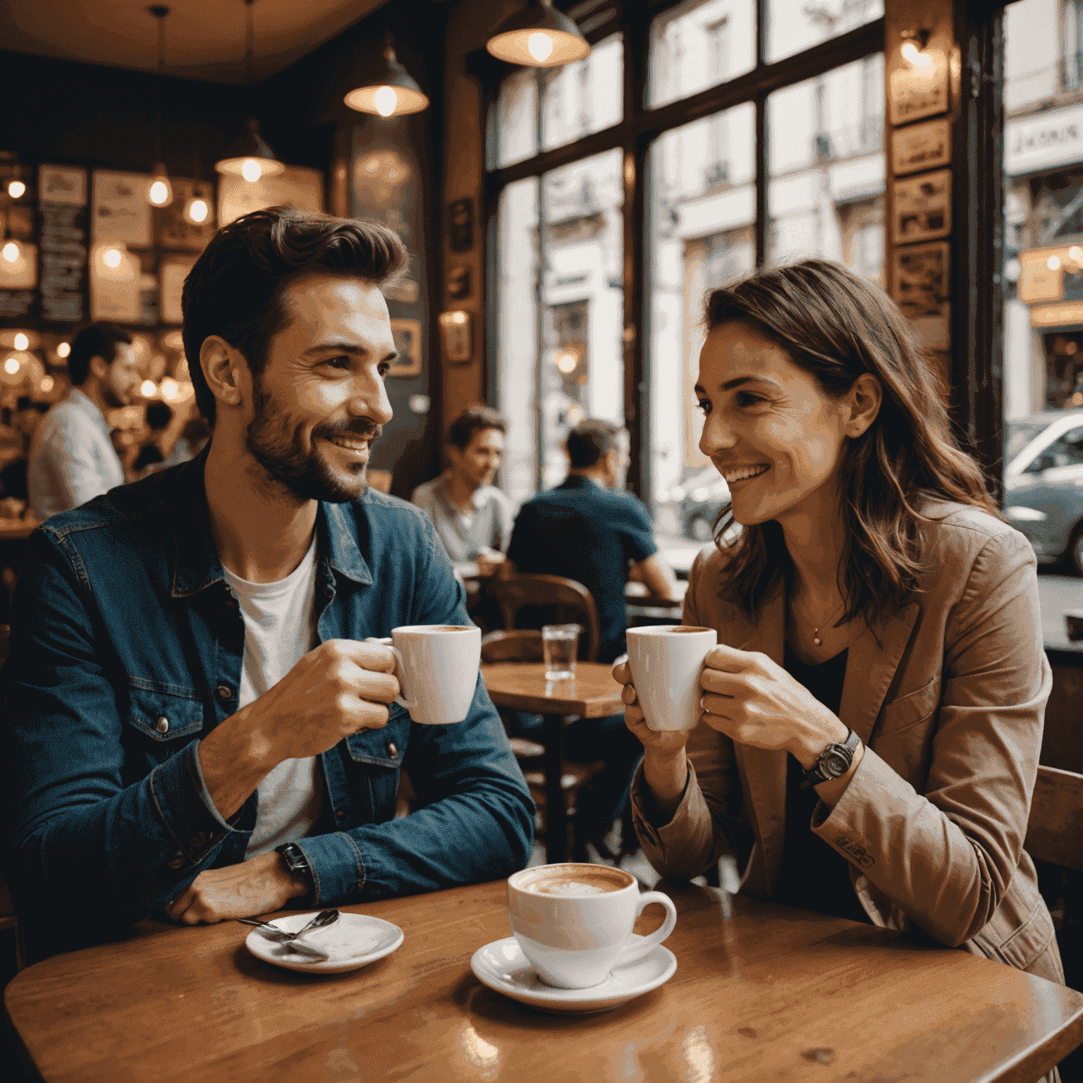 Freelancer y cliente tomando café en una típica cafetería de Buenos Aires, discutiendo amigablemente sobre un proyecto