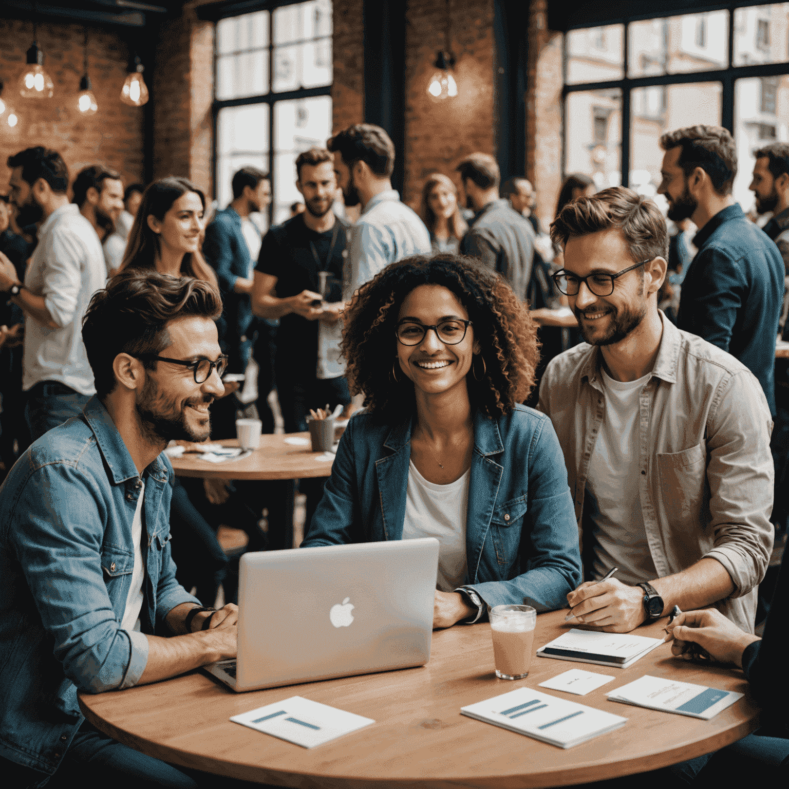 Grupo diverso de freelancers networking en un evento tecnológico en Buenos Aires, con laptops y tarjetas de presentación en mano